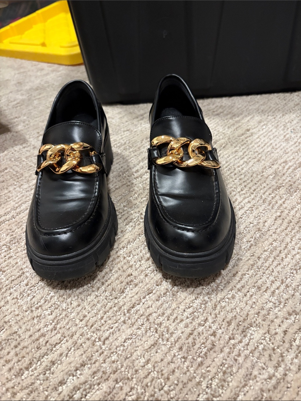 Women’s Black Leather Loafers with Gold Chain Accent